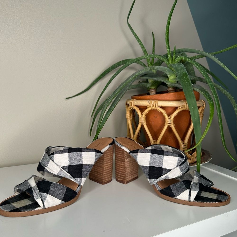 Madewell Alexandria Gingham Block Heel Sandals Twist Strap Black White Mule 7.5 - Picture 4 of 14